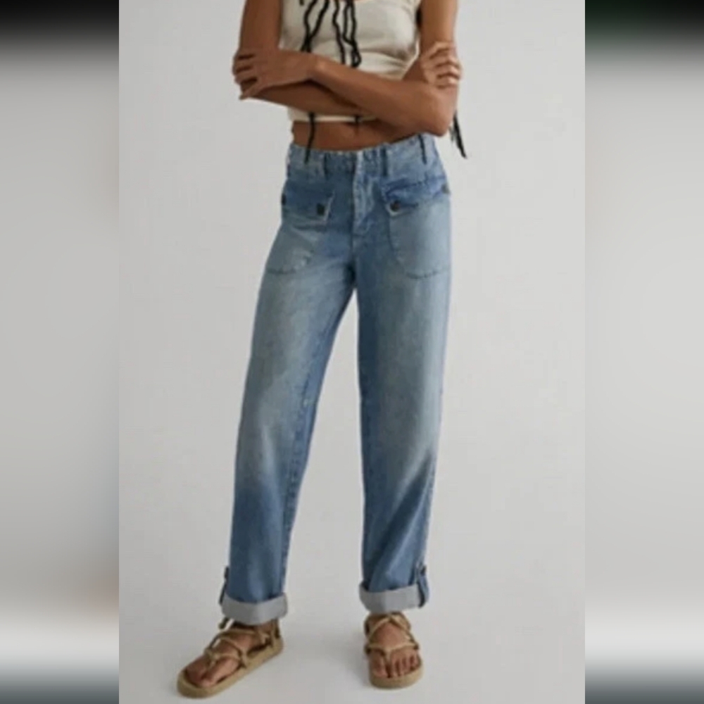 31 We The Free People Rory Slim Straight Jeans Button Pockets Tab Cuff Hem Euc